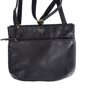 Fossil 1954 Black Leather Crossbody Bag Adjustable Strap Zip Top Pockets